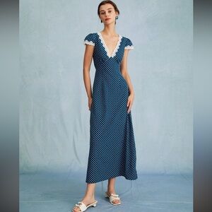 NWT RIHOAS Polka Dot V-Neck Lace-Trim Maxi Dress Women’s Small